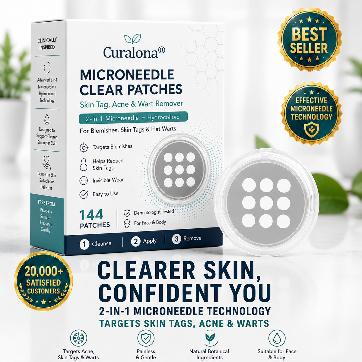 Curalona® 2-in-1 Microneedle & Hydrocolloid Patch (Removes Raised Moles, Acne, Flat Warts & Skin Tags | Helps Improve Wrinkles, Scars & Blemishes | Invisible Patches for Face & Body)