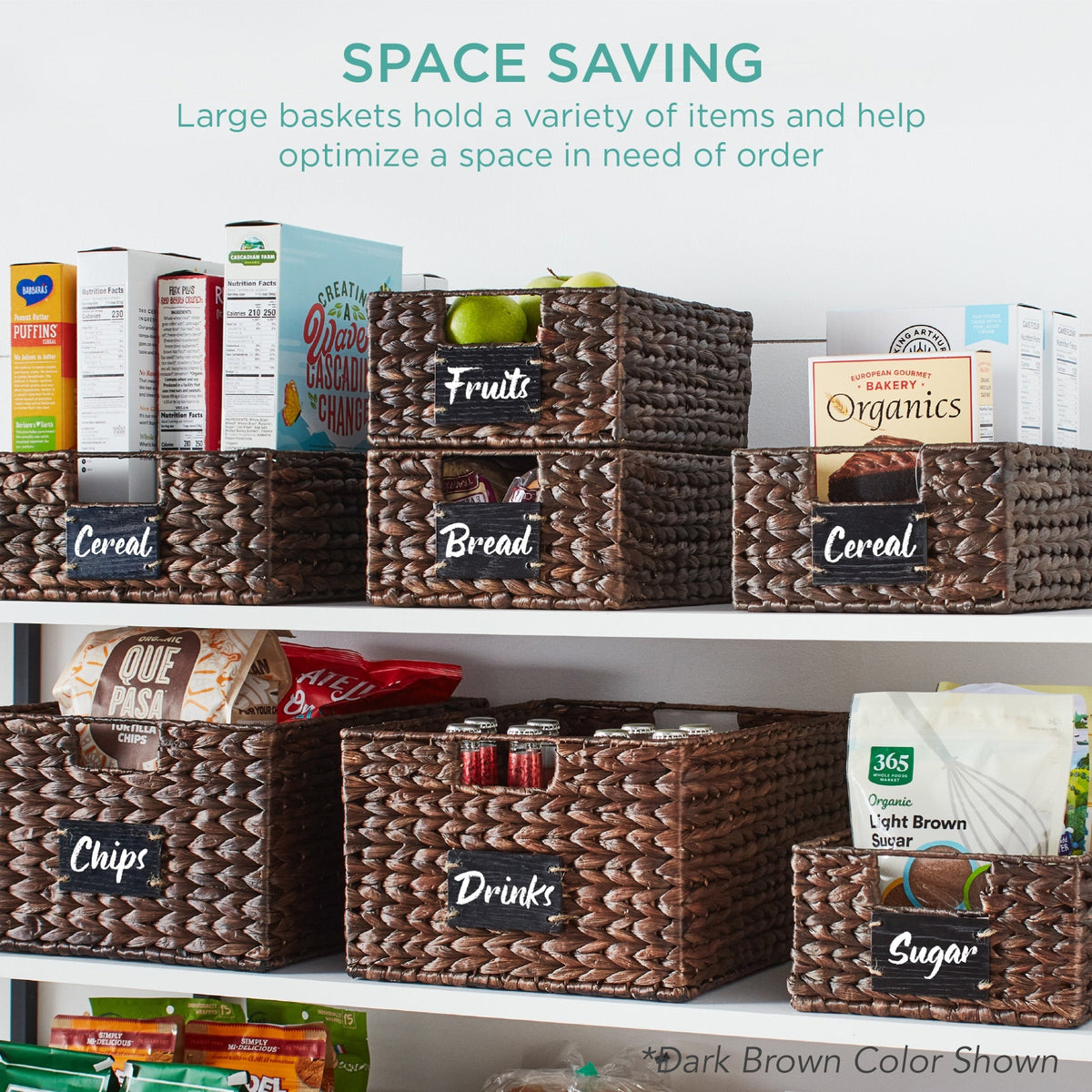 Set of 4 Water Hyacinth Pantry Baskets w/ Chalkboard, Marker - 13in