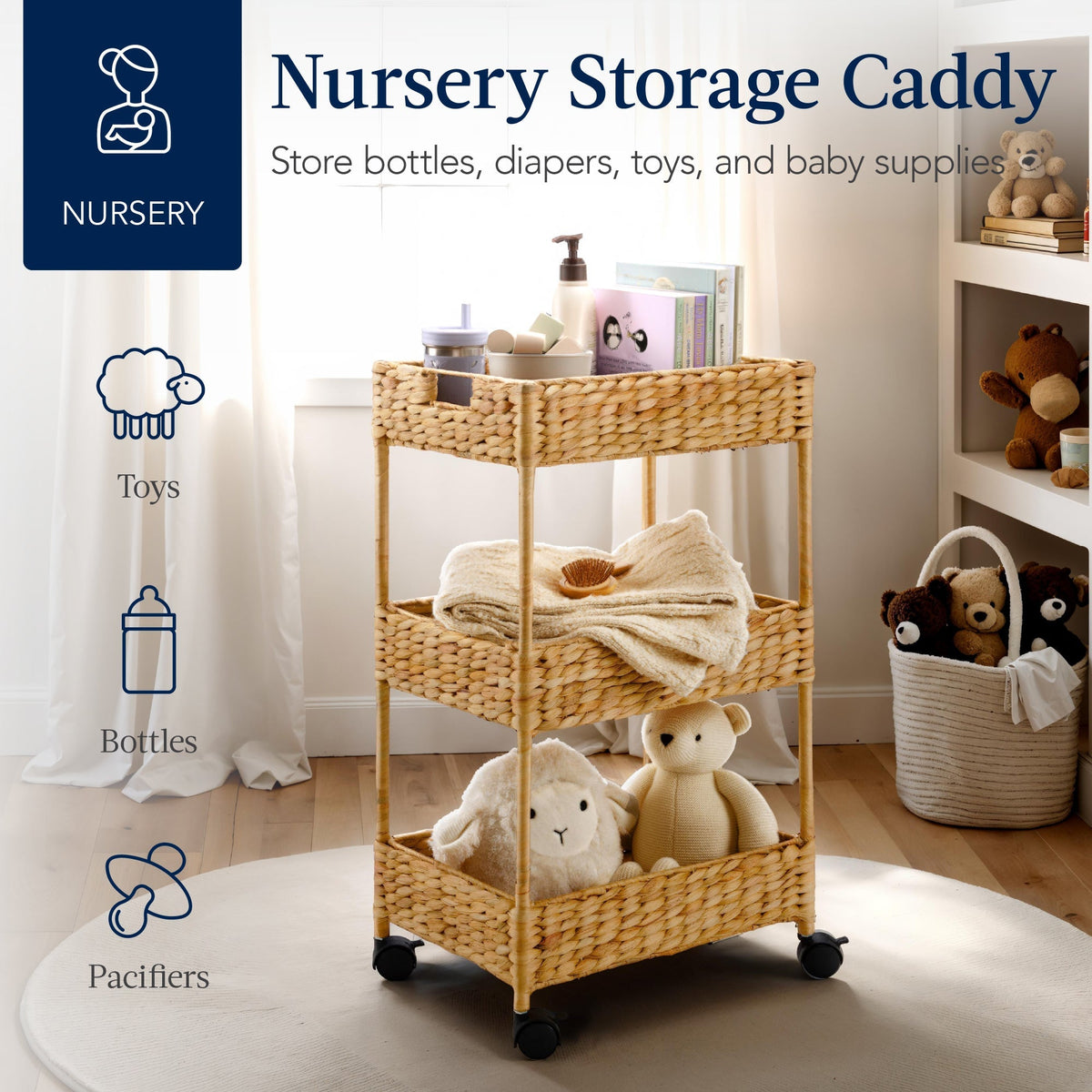 3-Tier Water Hyacinth Rolling Utility Cart w/ Weaved Baskets  Natural