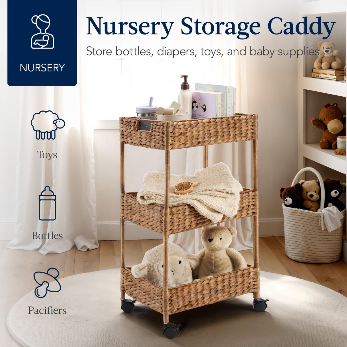 3-Tier Water Hyacinth Rolling Utility Cart w/ Weaved Baskets  Natural