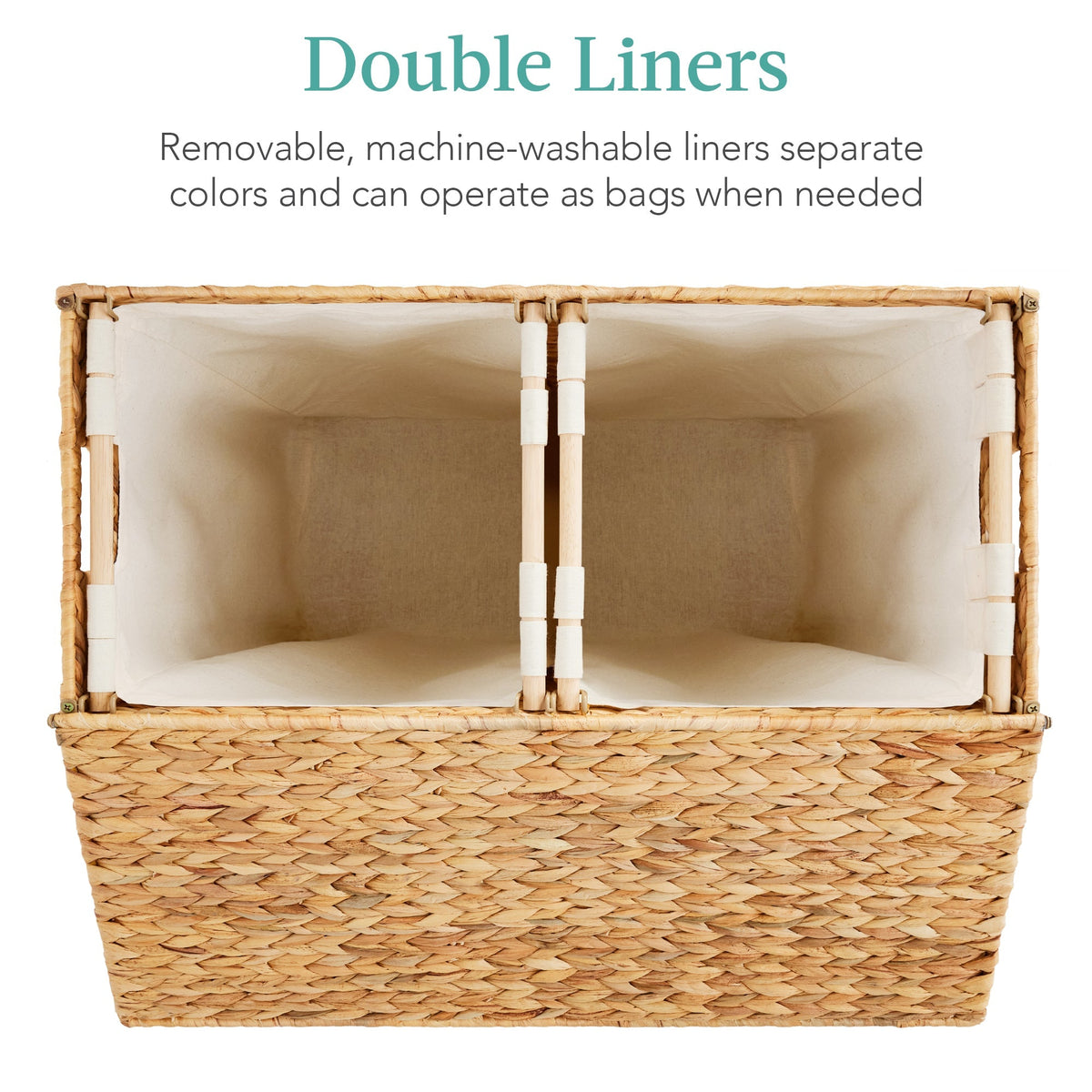 Large Water Hyacinth Double Laundry Hamper Basket w/ 2 Liner Bags
