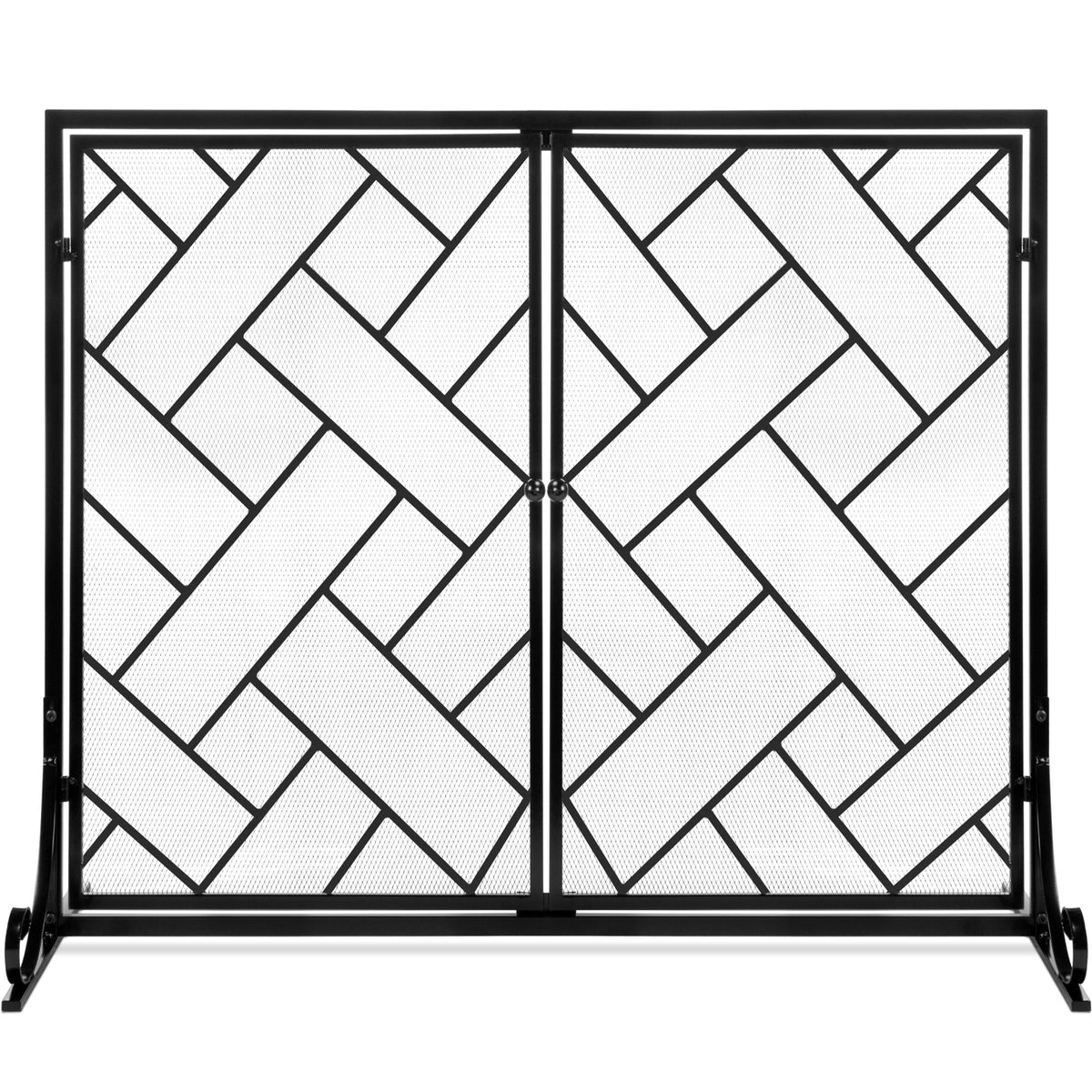 2-Panel Wrought Iron Geometric Fireplace Screen w/ Magnetic Doors - 44x33in