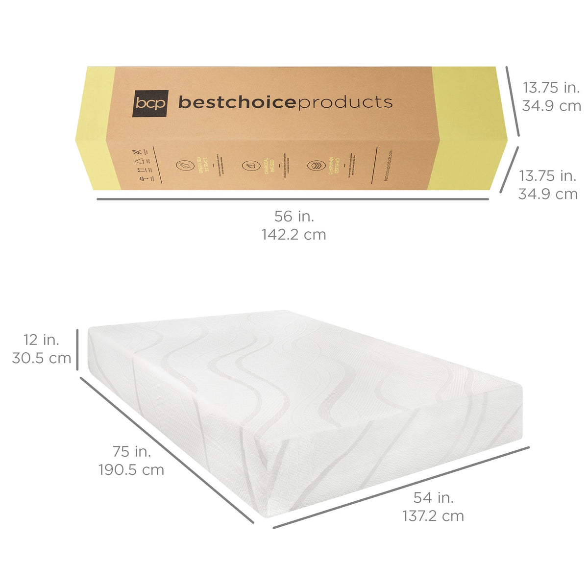 12in Medium-Plush Green Tea & Charcoal Gel Memory Foam Mattress