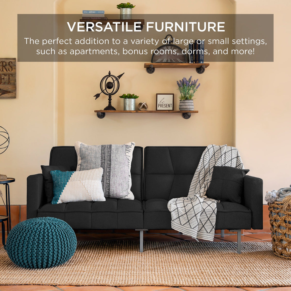 Convertible Linen Tufted Futon w/ 2 Plush Pillows, Split-Back Design