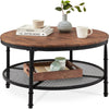 2-Tier Round Industrial Wood & Steel Coffee Table, Storage Shelves - 35.5in