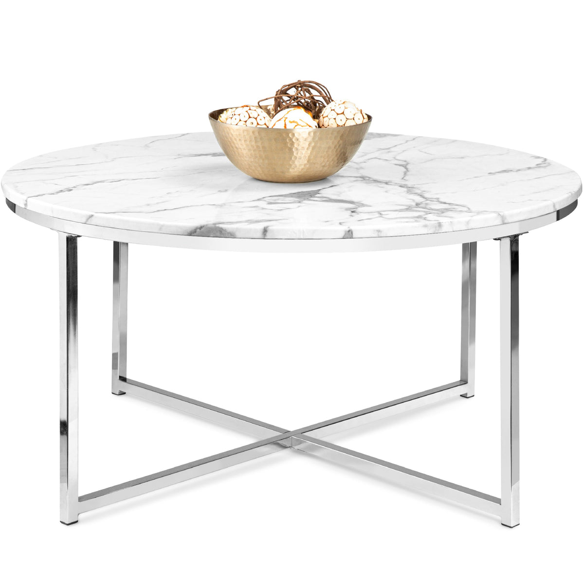 Round Coffee Table w/ Faux Marble Top, Metal Frame - 36in
