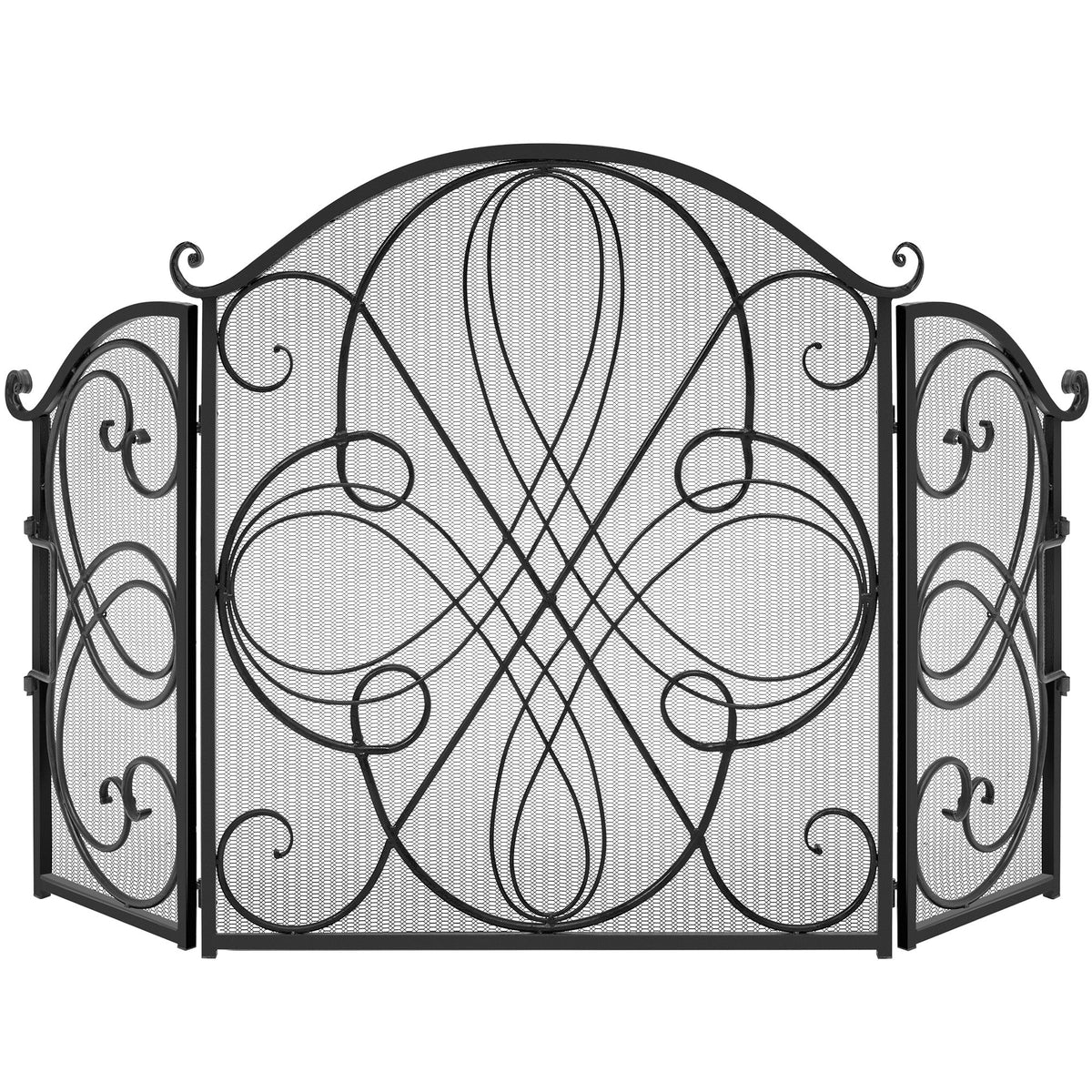 3-Panel Wrought Iron Metal Fireplace Screen Cover w/ Scroll Design - 55x33in