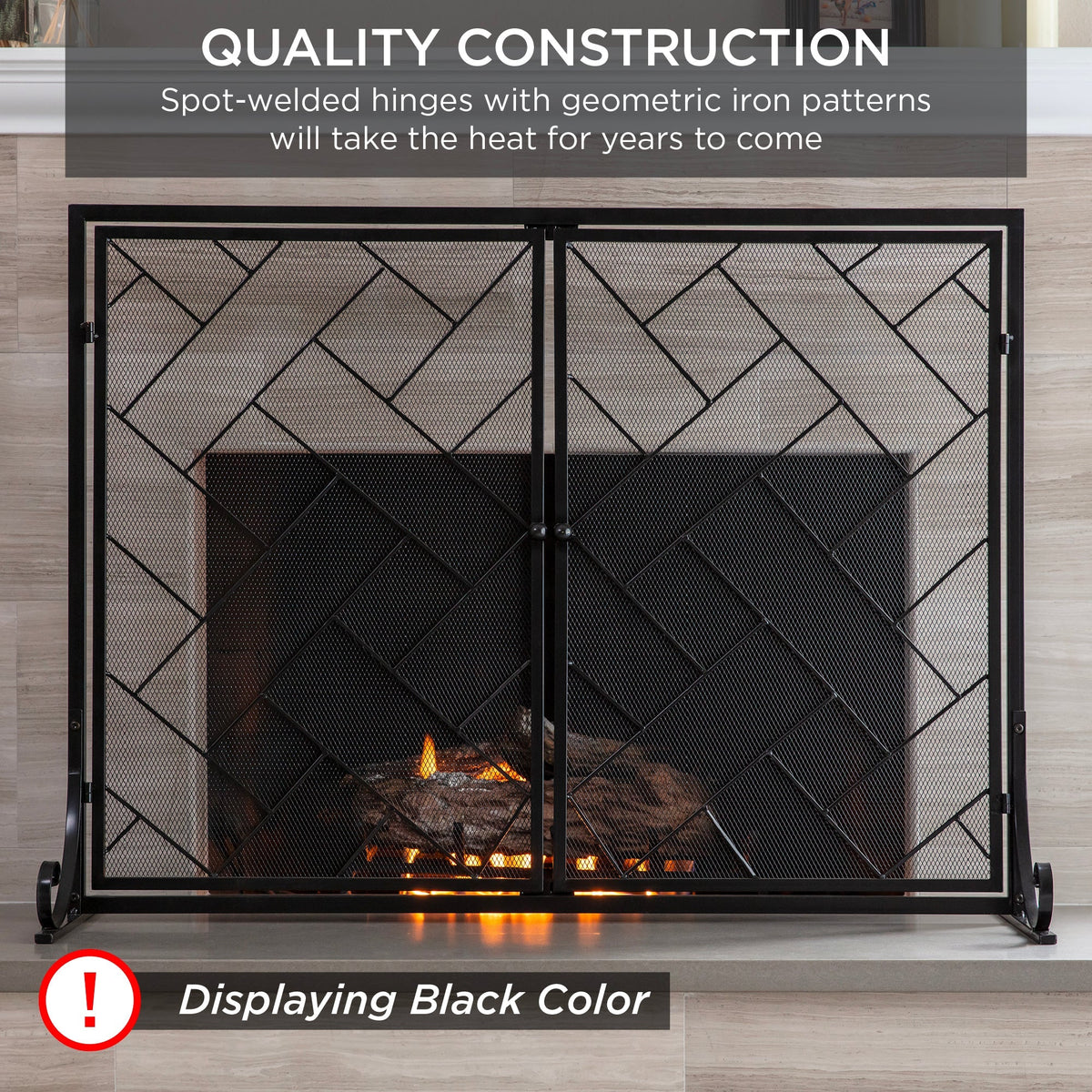 2-Panel Wrought Iron Geometric Fireplace Screen w/ Magnetic Doors - 44x33in