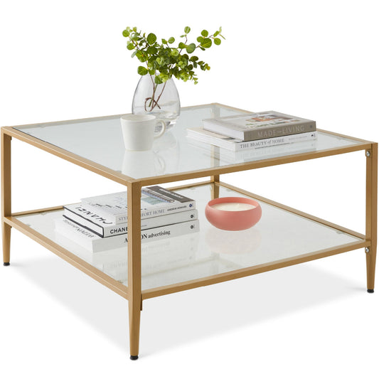 2-Tier Large Square Coffee Table Living Room Accent w/ Glass Top - 32"