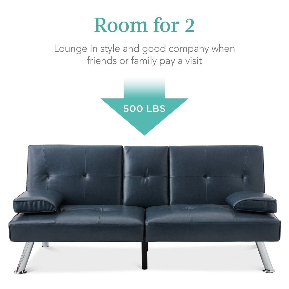 Faux Leather Upholstered Convertible Sofa Bed Futon w/ 2 Cupholders