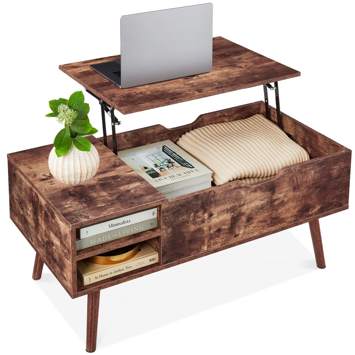 Wooden Mid-Century Modern Lift Top Coffee Table w/ Removable Shelf