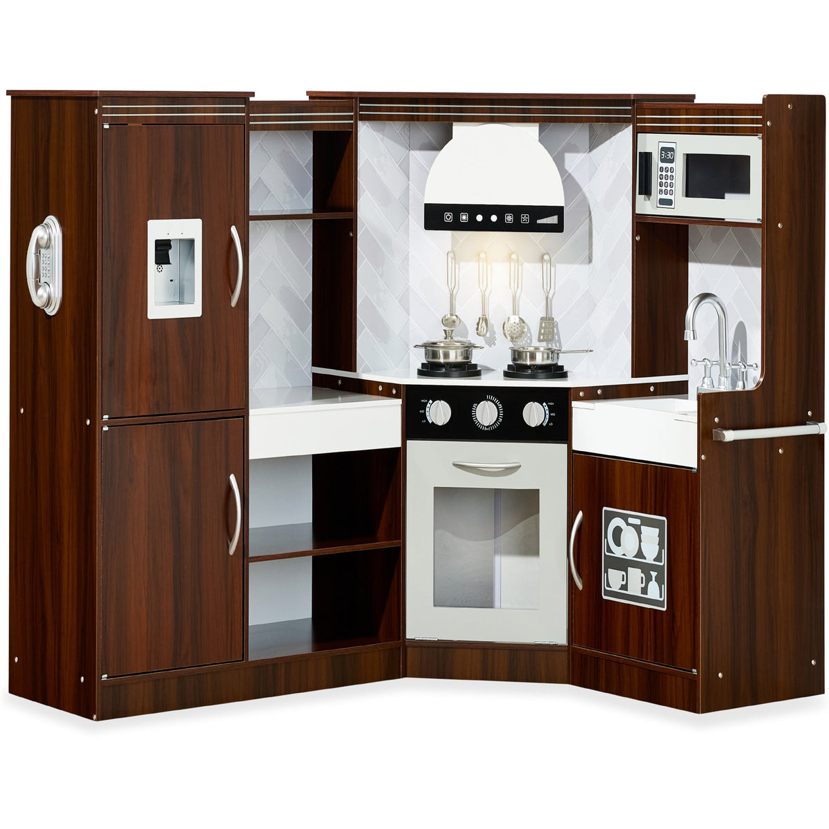 Pretend Play Corner Kitchen Wooden Toy Set for Kids w/ Lights, Sounds
