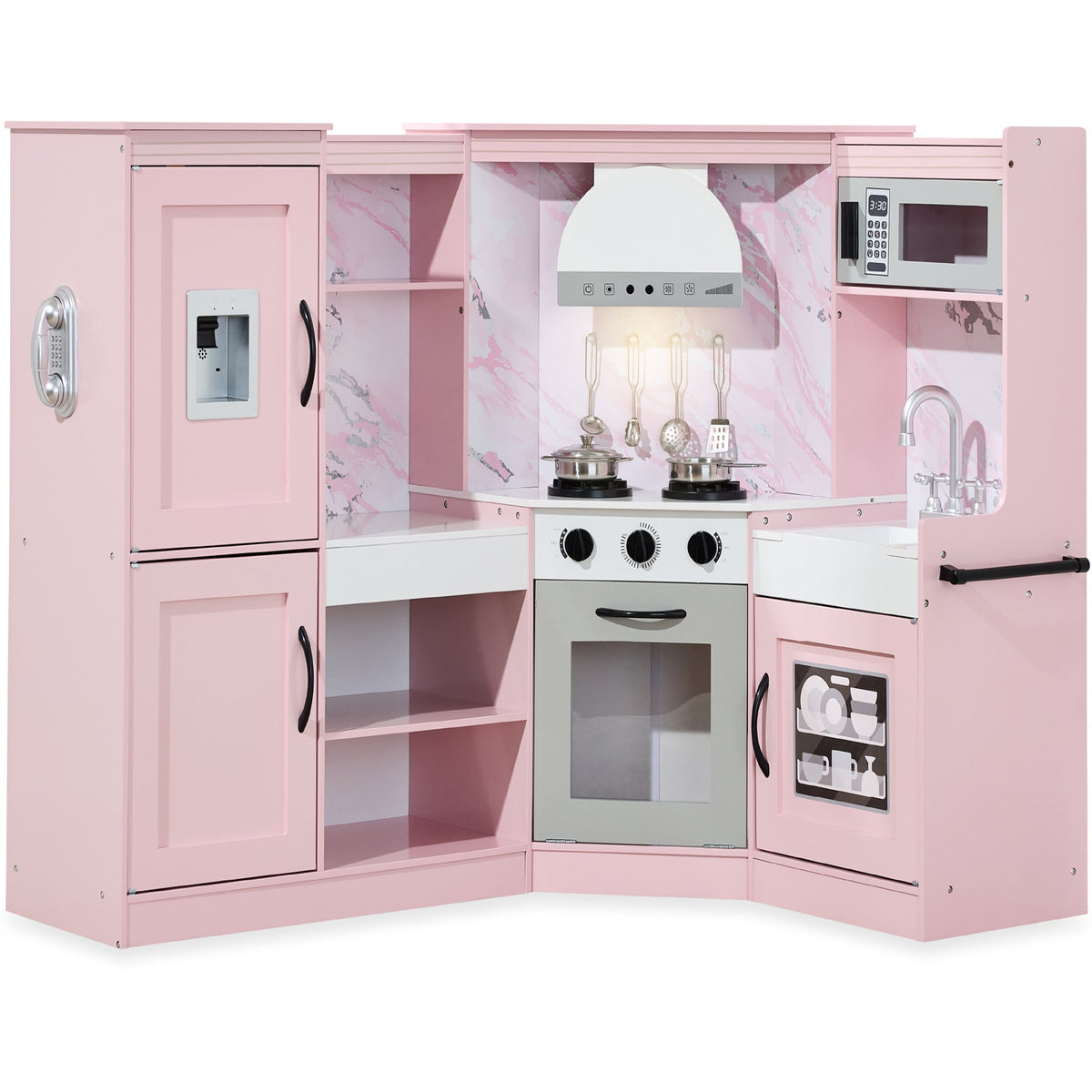 Pretend Play Corner Kitchen Wooden Toy Set for Kids w/ Lights, Sounds
