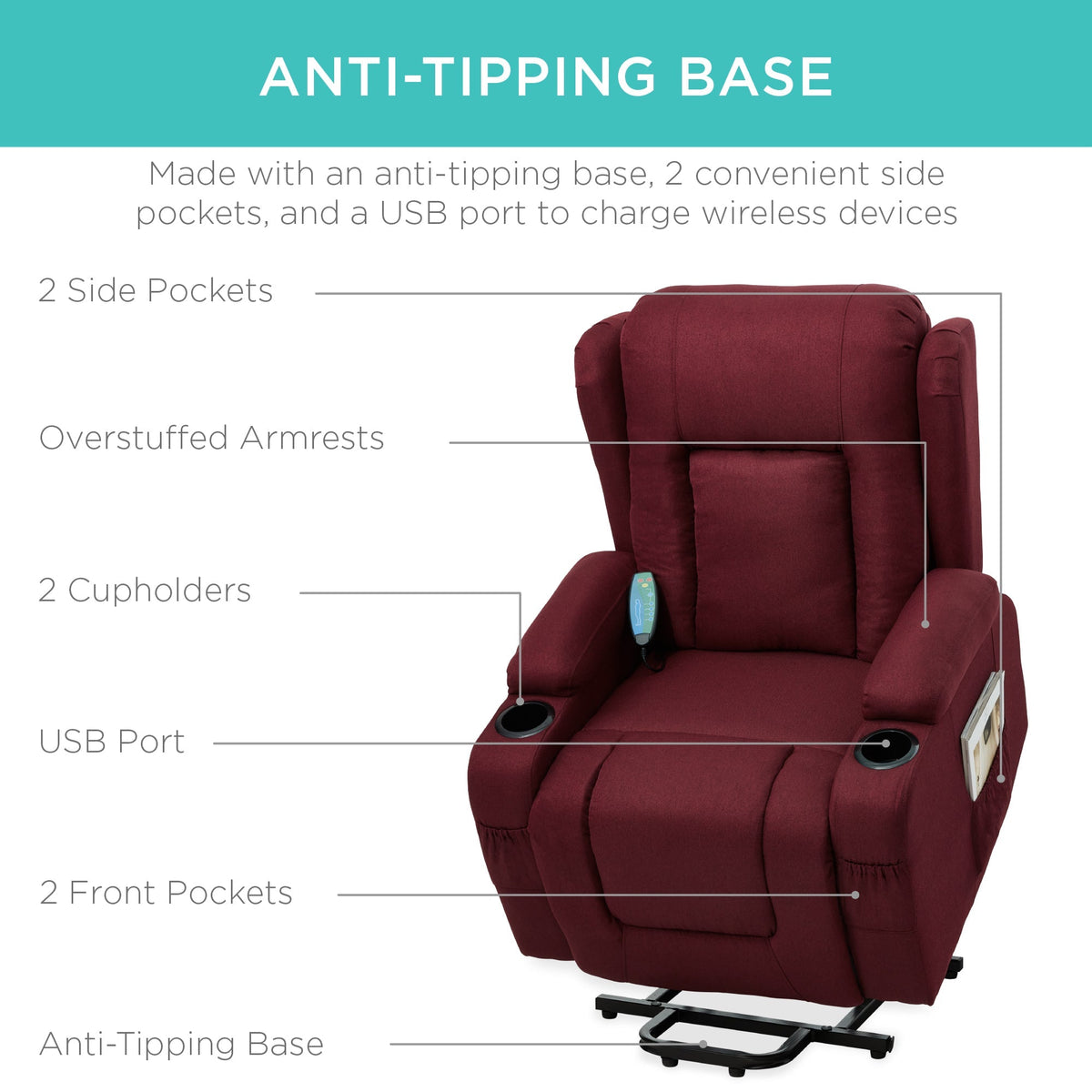 Electric Power Lift Recliner Massage Chair w/ Heat, USB Port, Cupholders