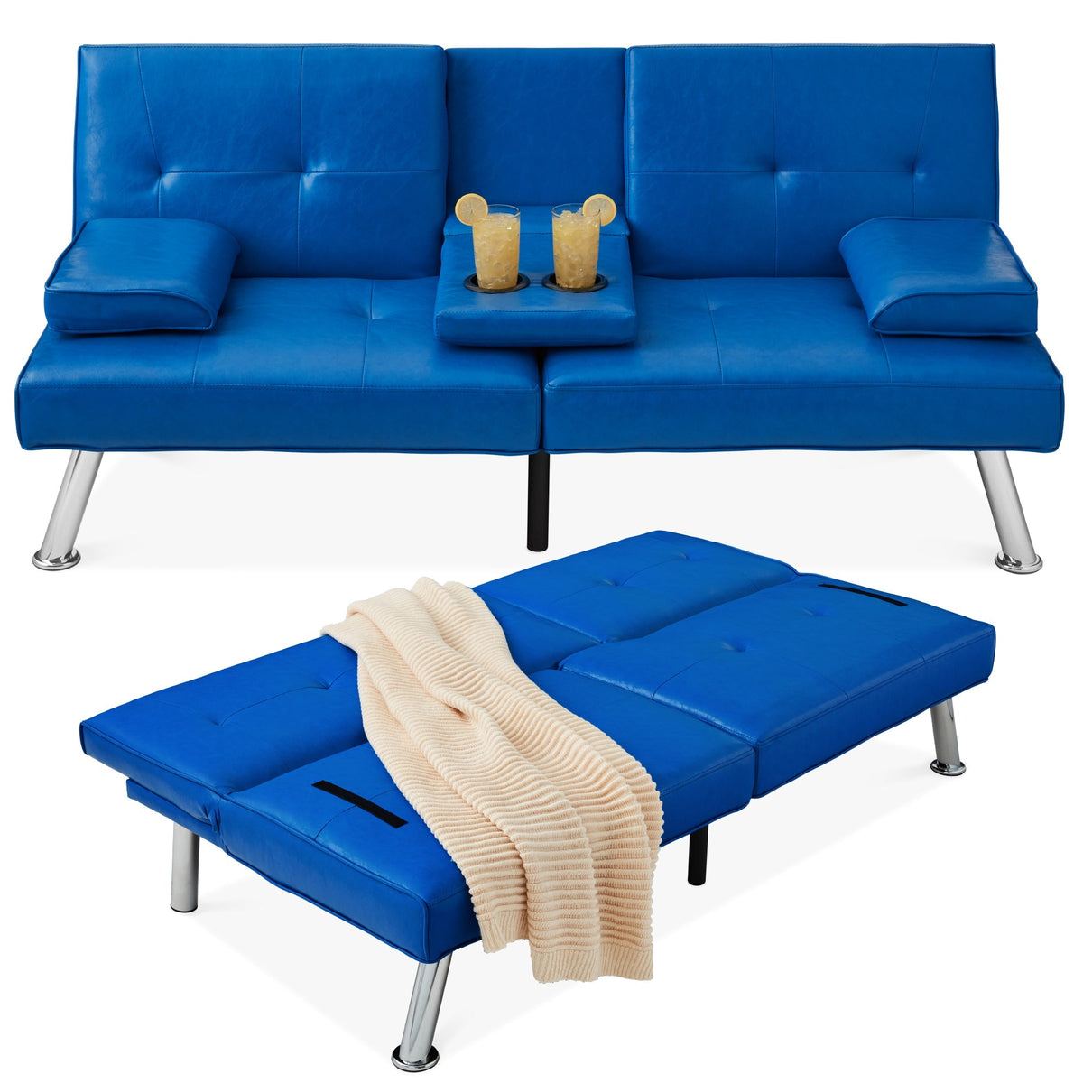 Faux Leather Upholstered Convertible Sofa Bed Futon w/ 2 Cupholders