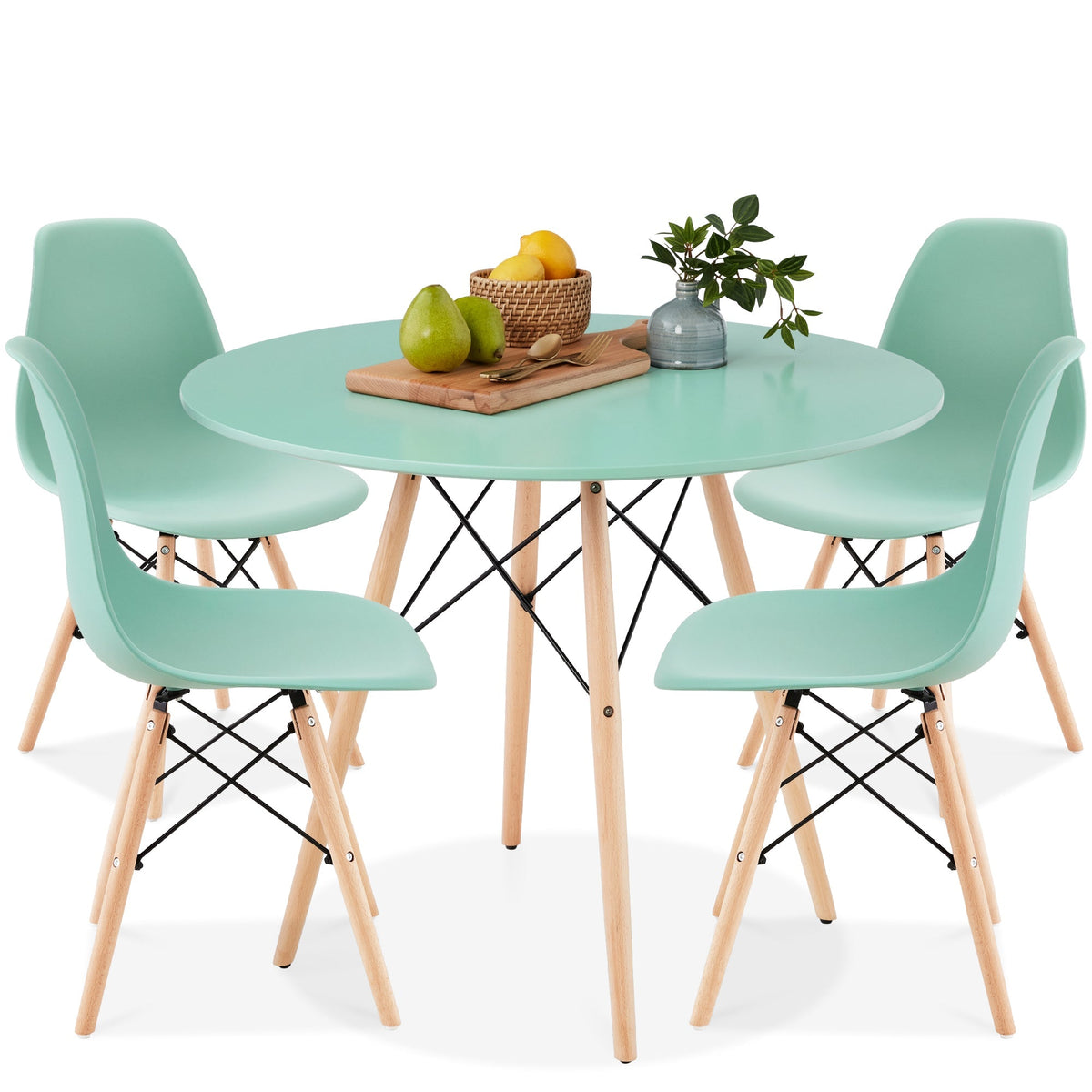 5-Piece Mid-Century Modern Dining Set w/ 4 Chairs, Wooden Legs, Metal Frame