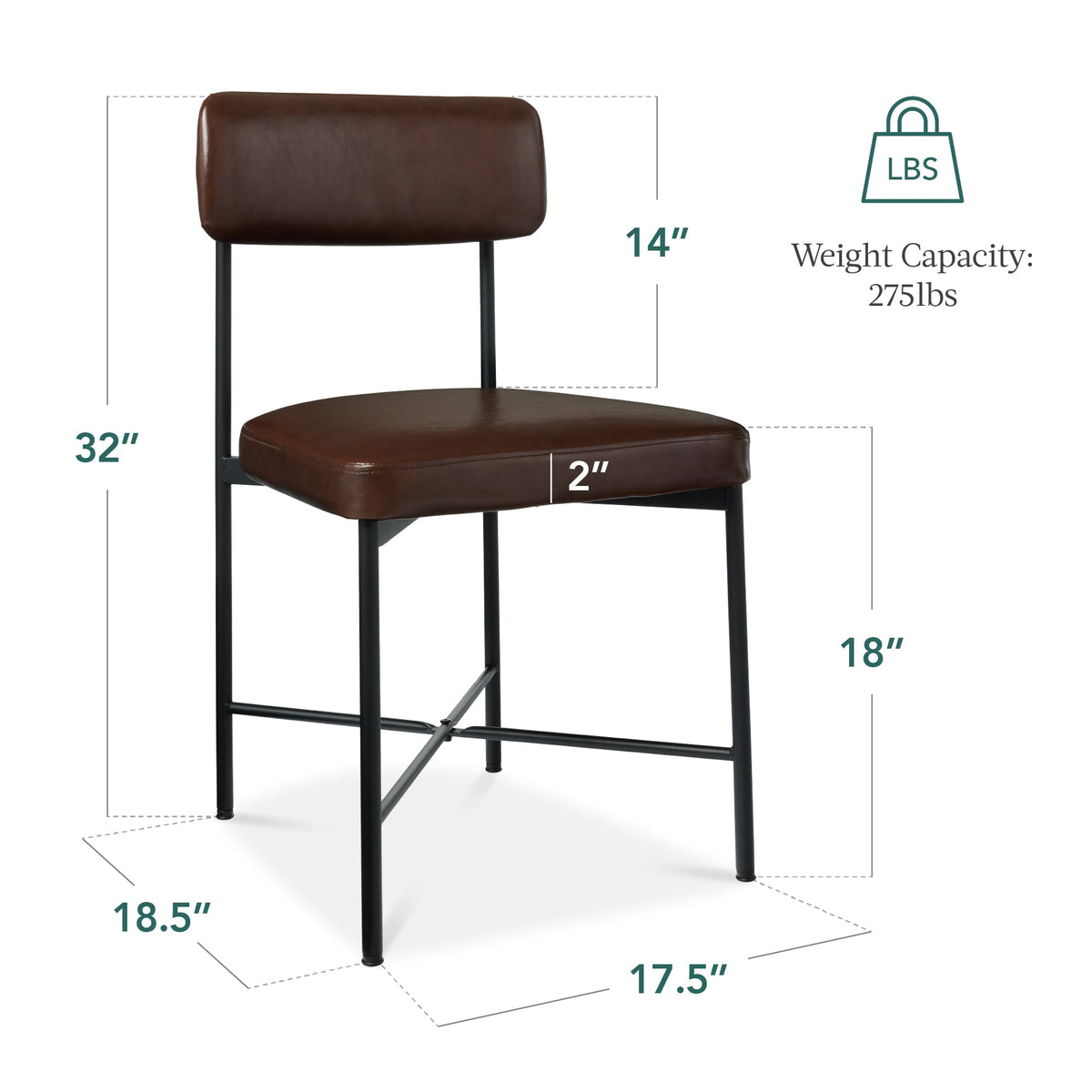 Dining Chair Set of 2, Faux Leather, Standard Height, Metal Frame