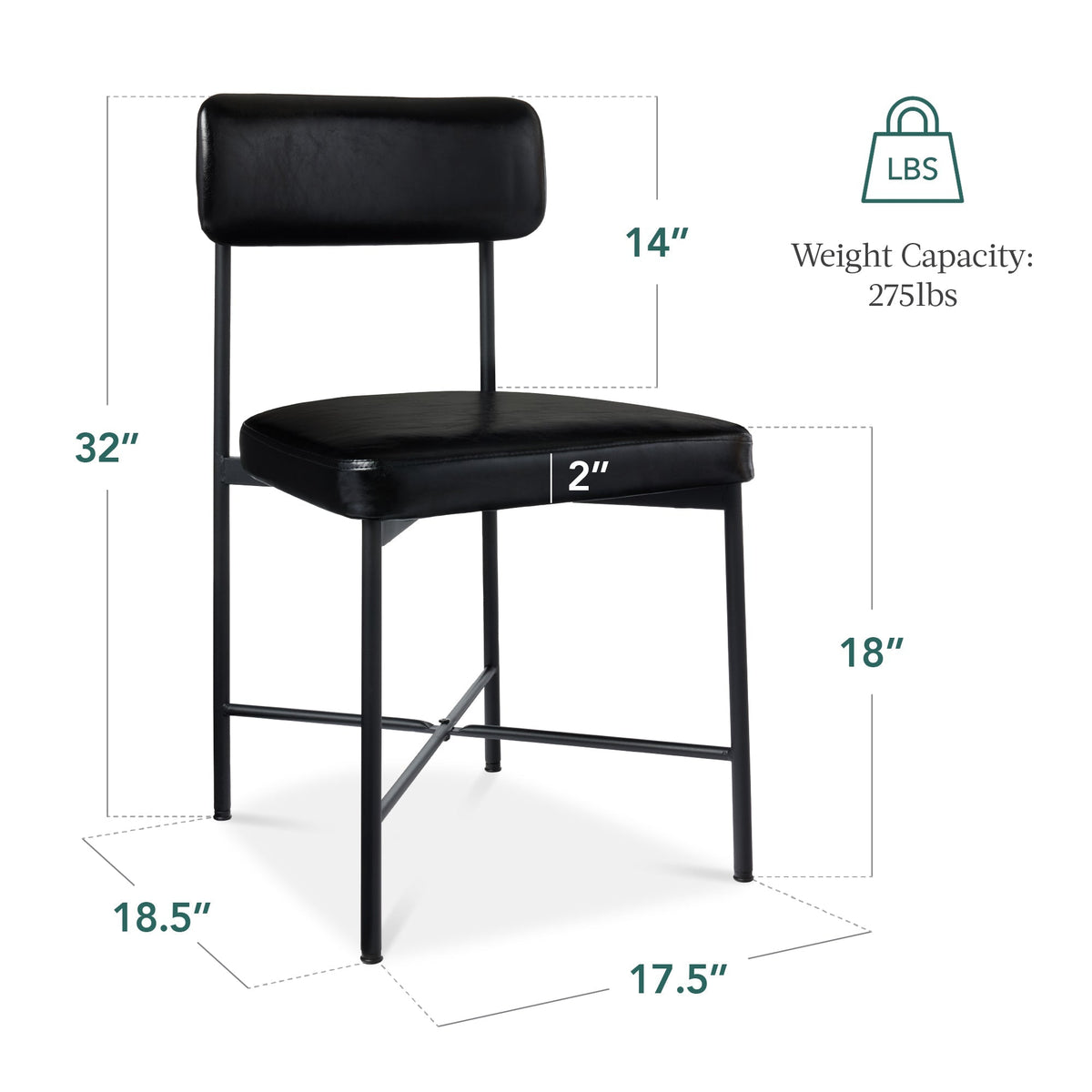 Dining Chair Set of 2, Faux Leather, Standard Height, Metal Frame