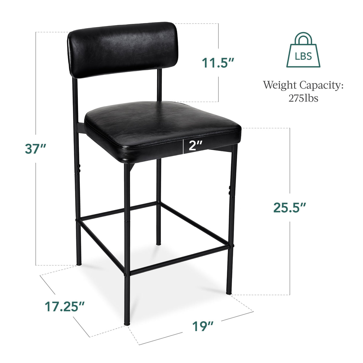 Set of 2 Armless Counter Height Bar Stools, Modern PU Faux Leather Stools