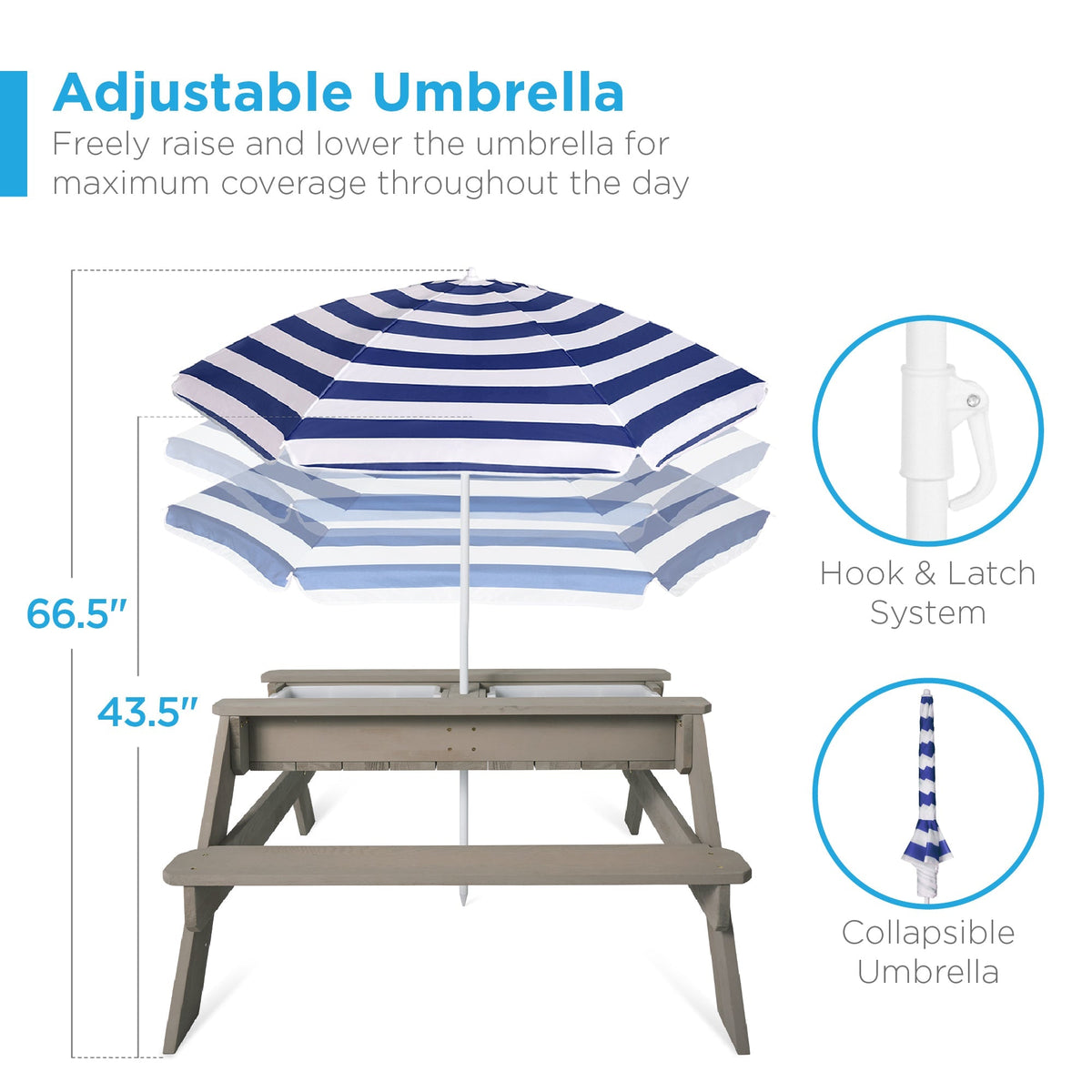3-in-1 Kids Sand & Water Table Outdoor Wood Picnic Table w/ Umbrella