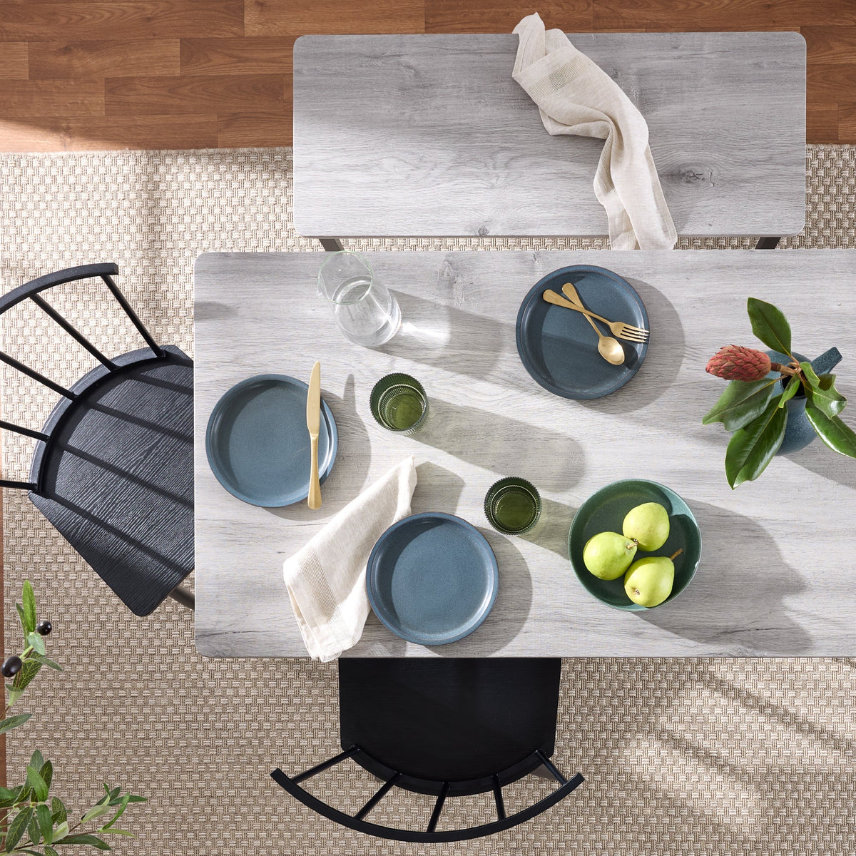 4-Piece Farmhouse Dining Table Set w/ 2 Black Spindle Chairs, Bench, Table