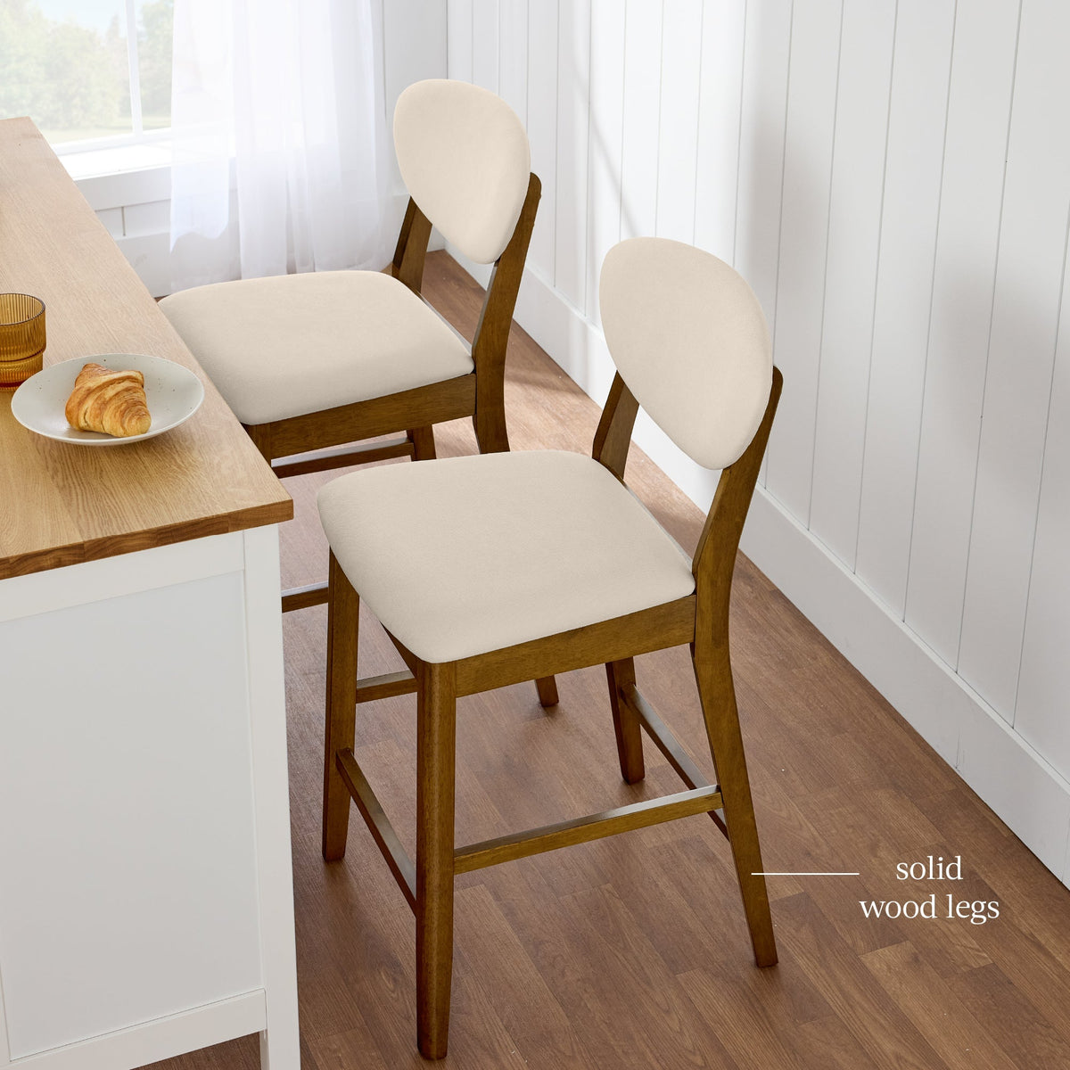 2-Piece Mid-Century Modern Wood & Upholstered Counter Height Bar Stool Set