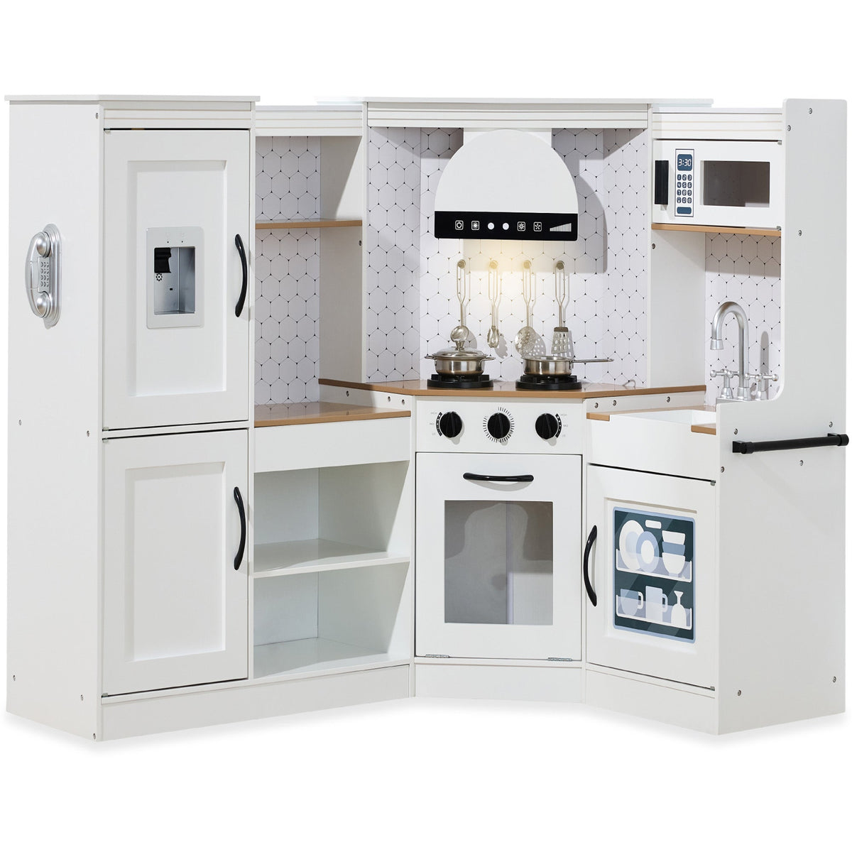 Pretend Play Corner Kitchen Wooden Toy Set for Kids w/ Lights, Sounds