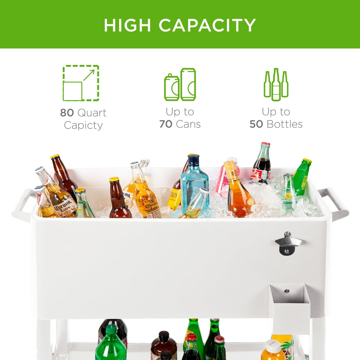 Portable Rolling Cooler Cart w/ Bottle Opener, Catch Tray - 80qt