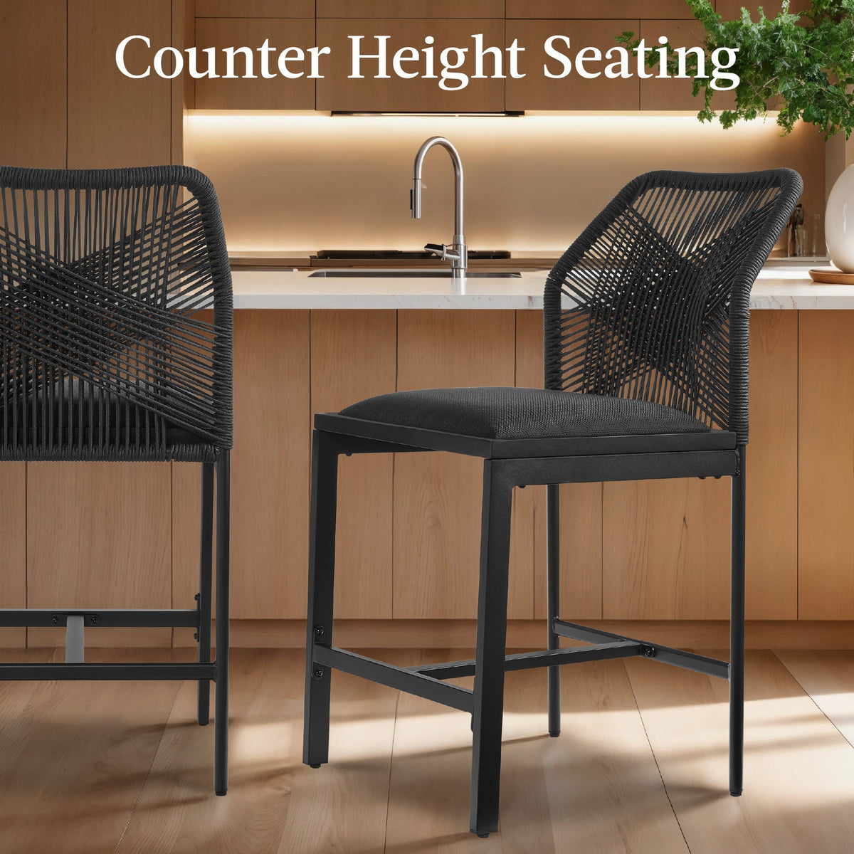 Set of 2 Indoor Outdoor Counter Height Bar Stools w/ All-Weather Rope