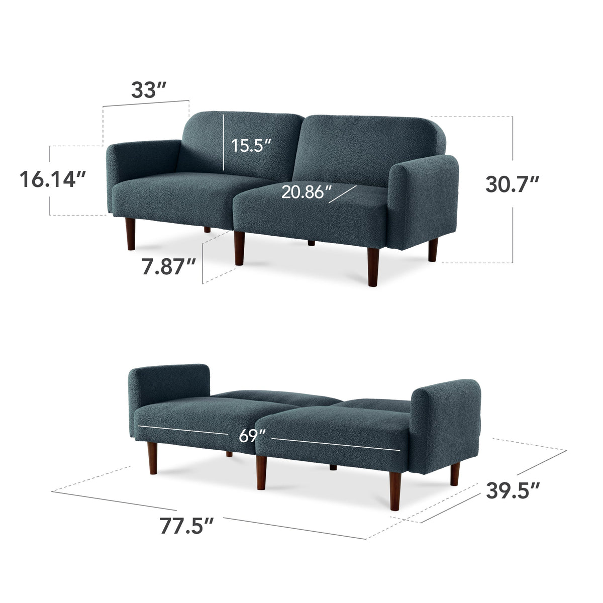 Curved Convertible Futon, Boucle Fabric Split-Back Sleeper Bed