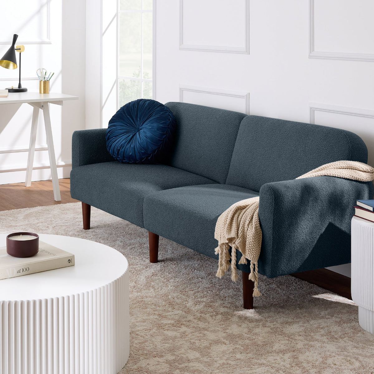 Curved Convertible Futon, Boucle Fabric Split-Back Sleeper Bed