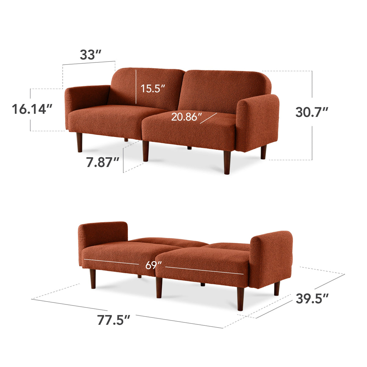 Curved Convertible Futon, Boucle Fabric Split-Back Sleeper Bed