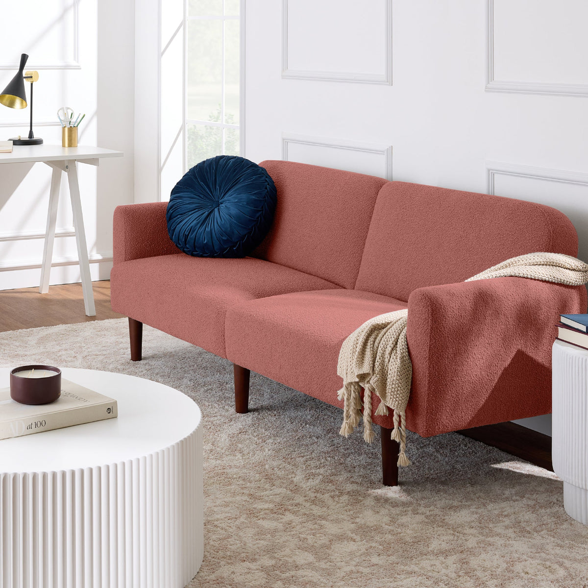 Curved Convertible Futon, Boucle Fabric Split-Back Sleeper Bed