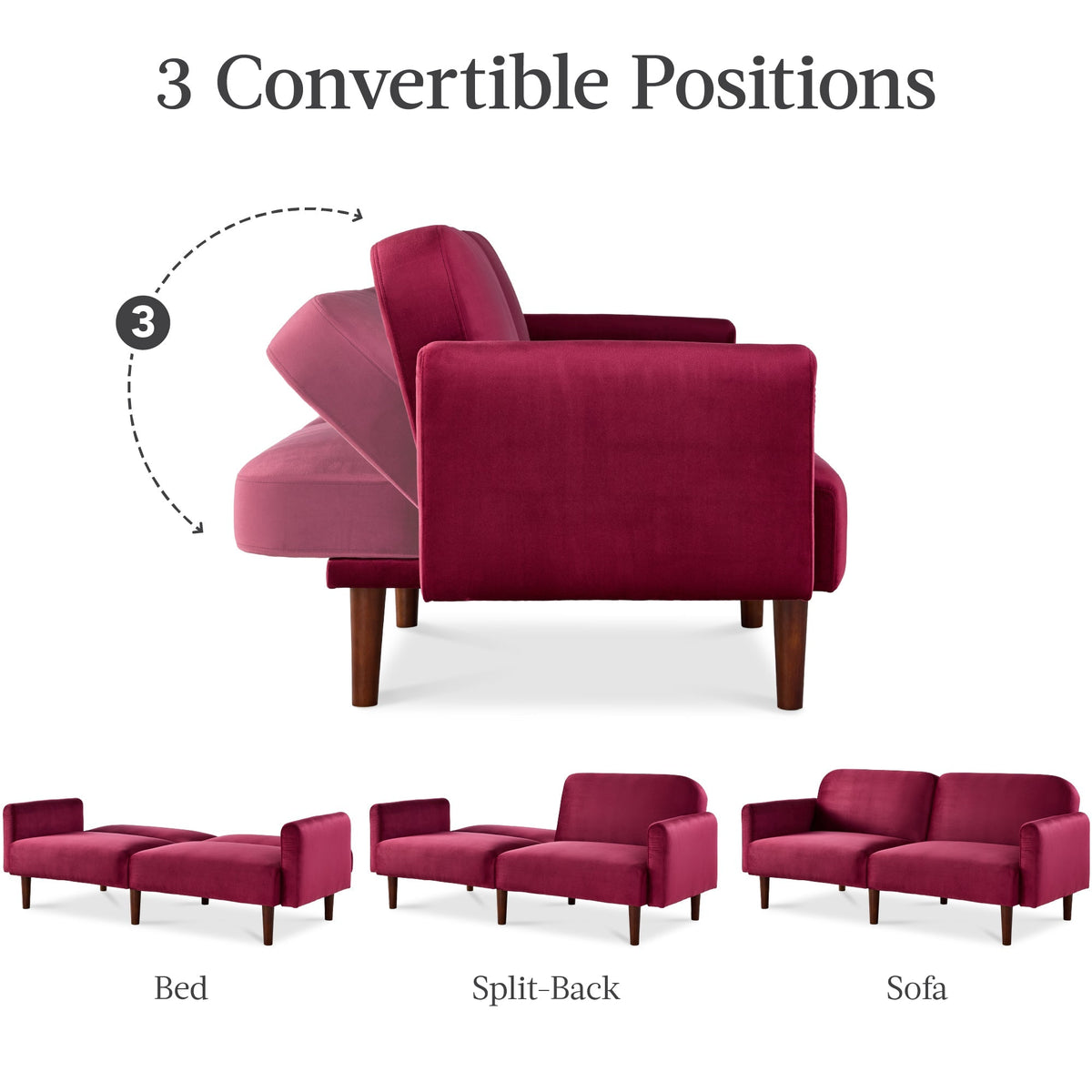 Curved Convertible Futon, Velvet Fabric Split-Back Sleeper Bed