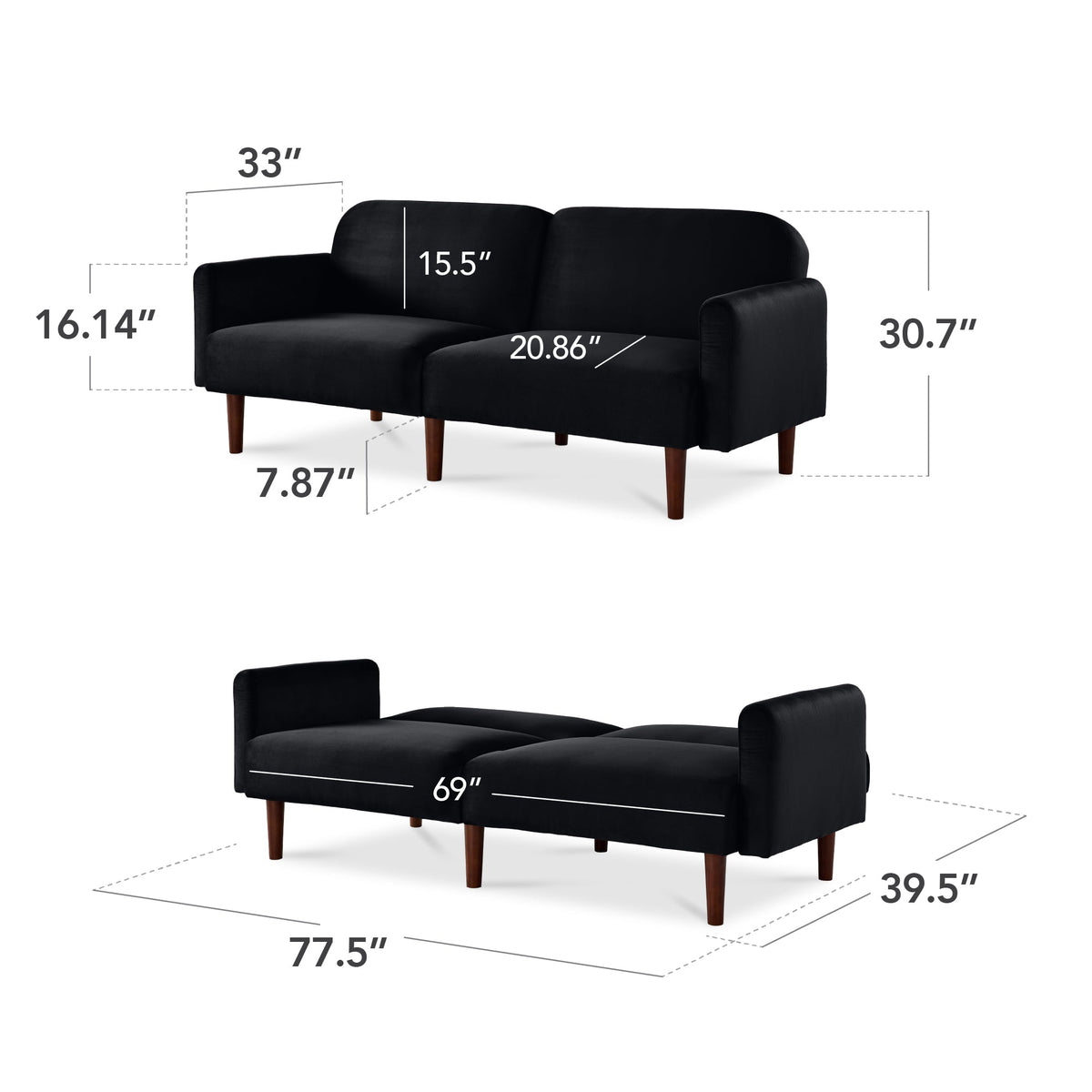 Curved Convertible Futon, Velvet Fabric Split-Back Sleeper Bed