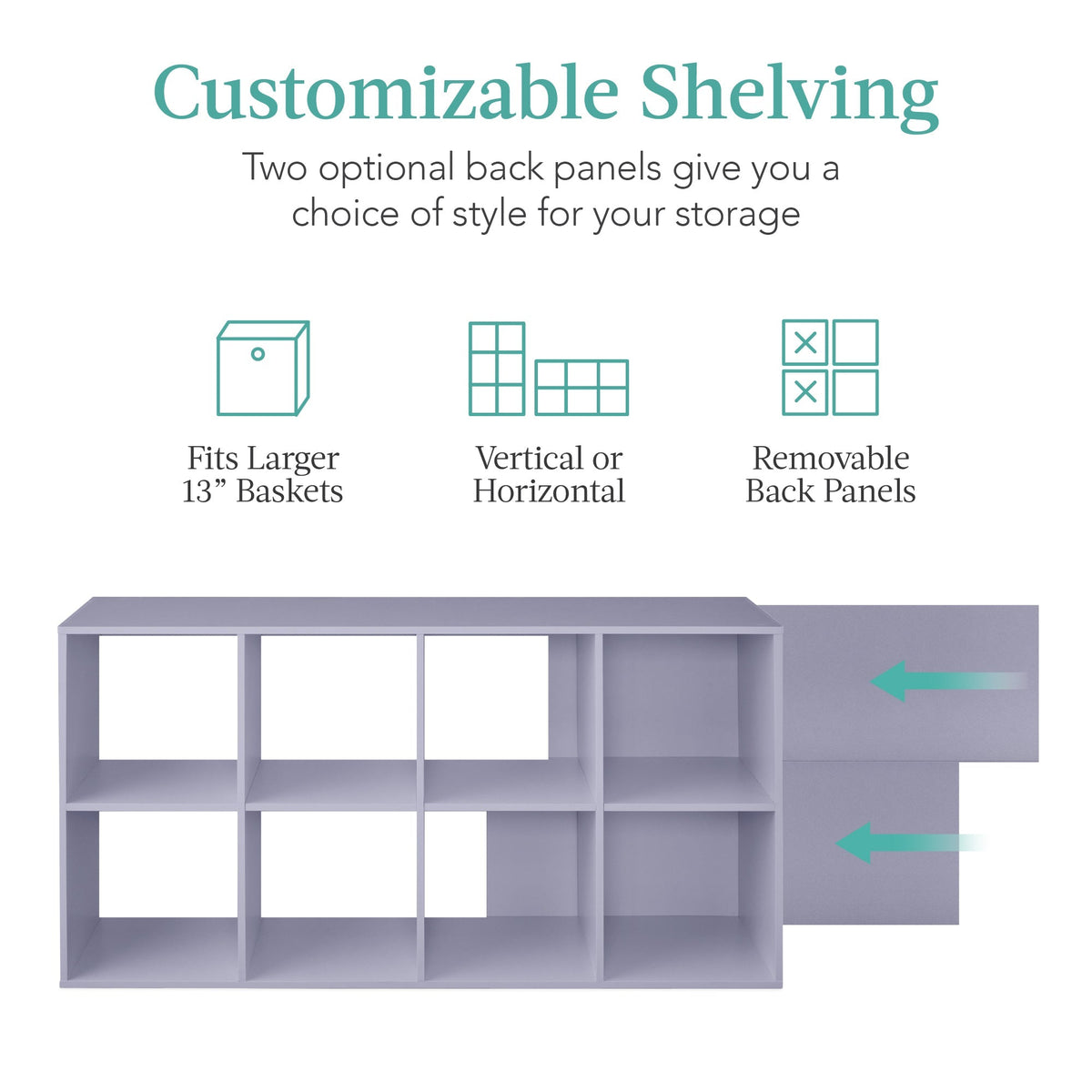 8-Cube Bookshelf, 13.5in Storage Display w/ Removable Panels, Customizable