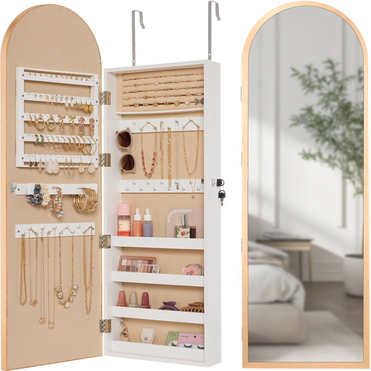 Door/Wall Mounted Arch Mirror Jewelry Armoire, w/ Metal Frame, Built-In Lock