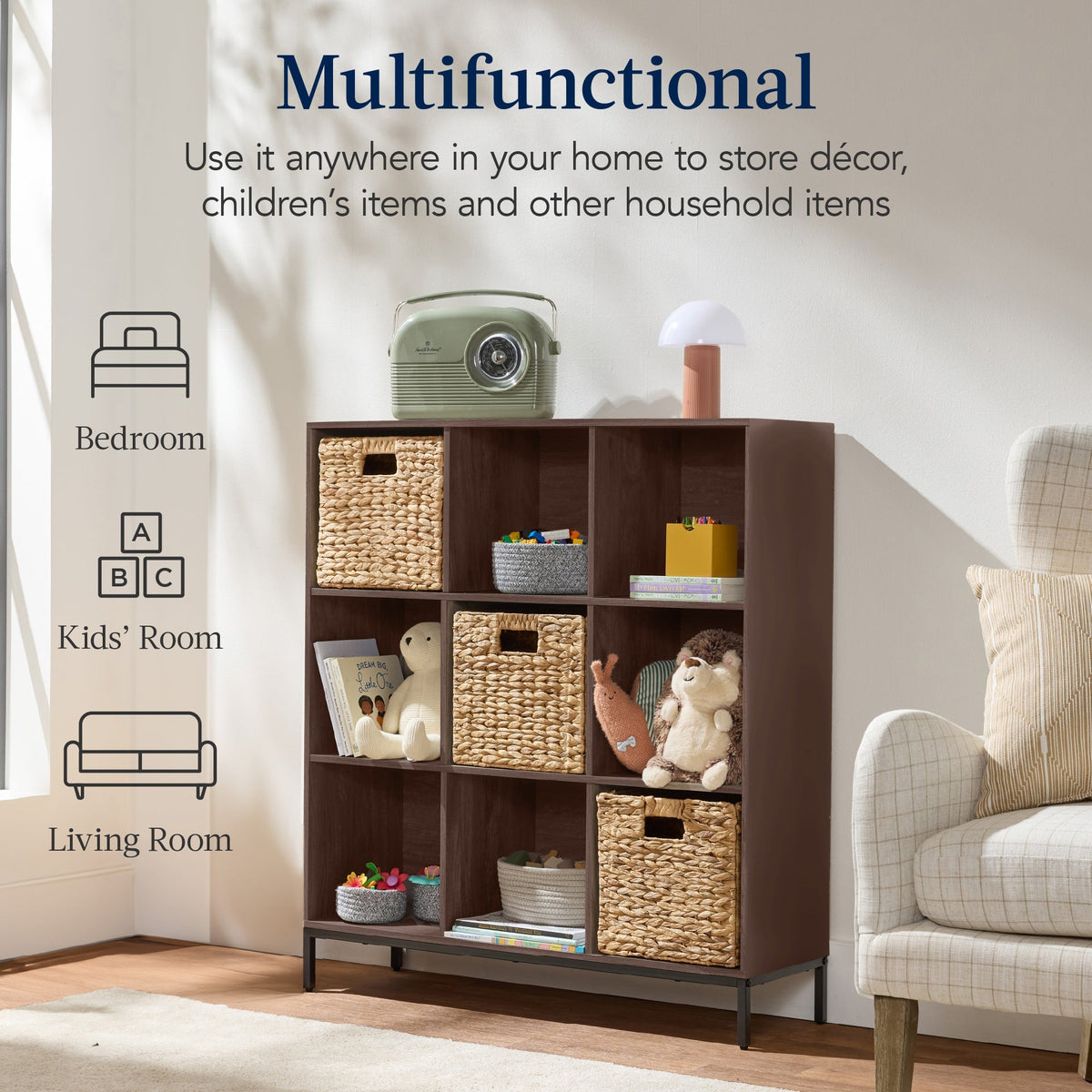Elevated 9-Cube Storage Organizer, 11in Bookshelf, w/ Metal Legs