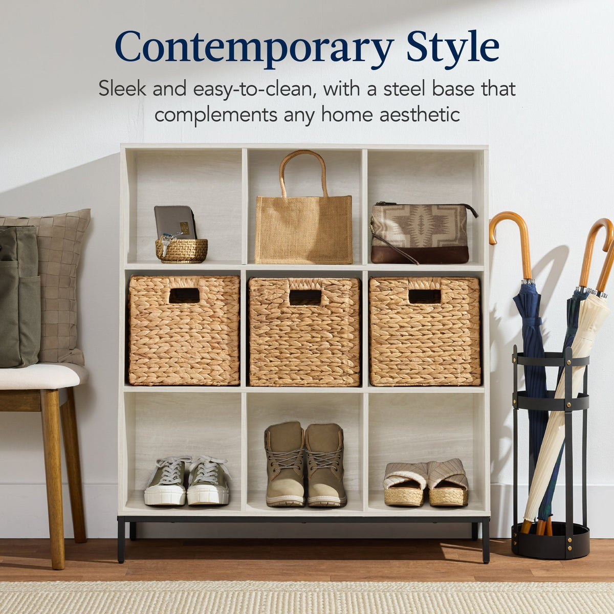 Elevated 9-Cube Storage Organizer, 11in Bookshelf, w/ Metal Legs
