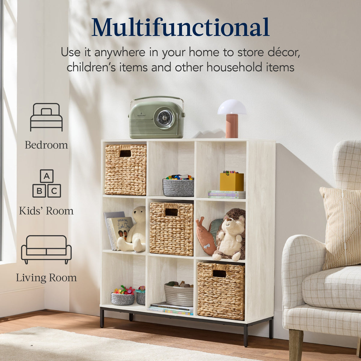 Elevated 9-Cube Storage Organizer, 11in Bookshelf, w/ Metal Legs