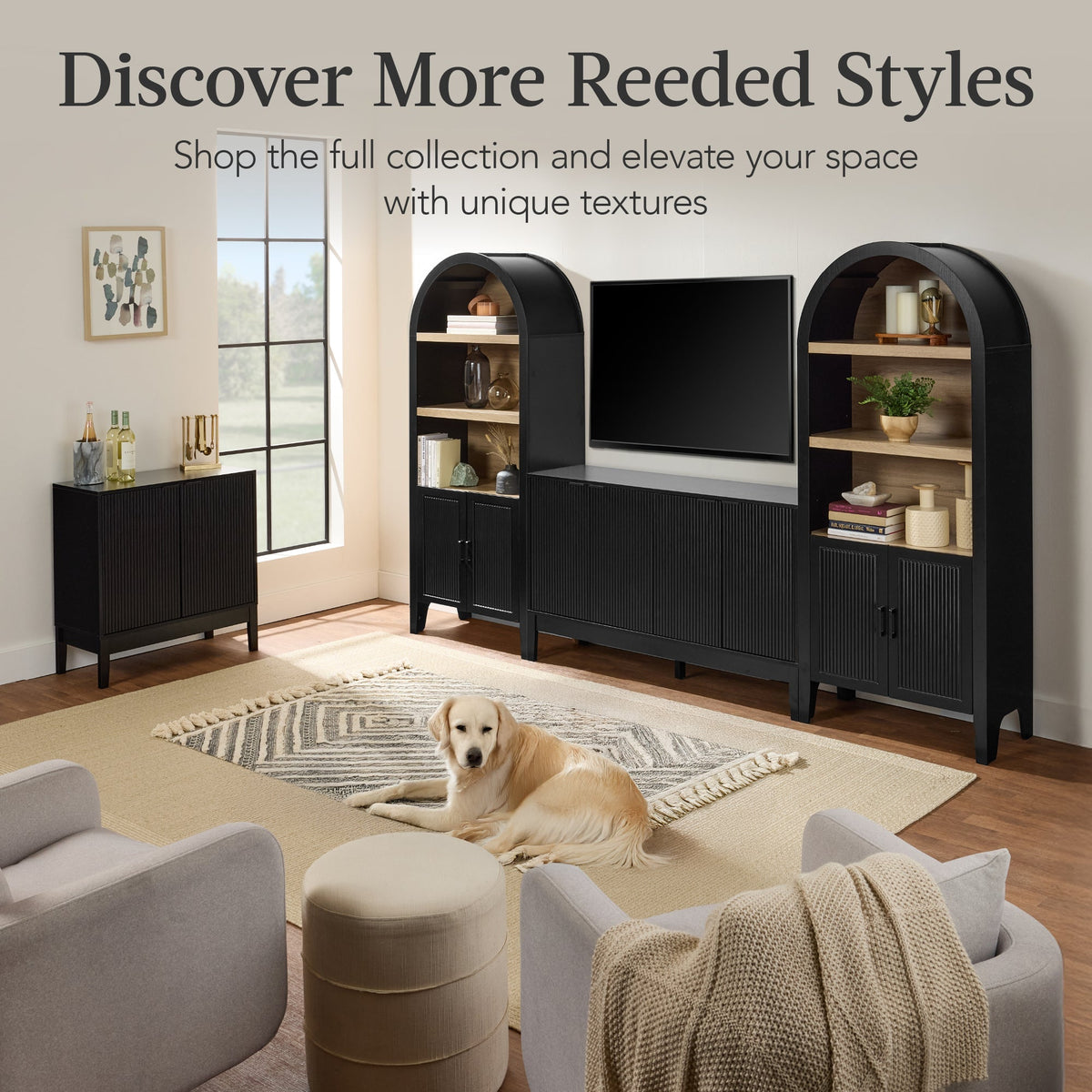 Arched 5-Tier Storage Cabinet w/ Reeded Doors, Adjustable Shelves - 72in