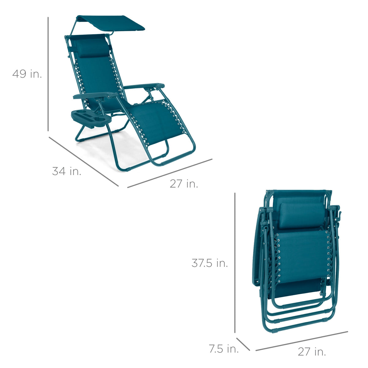 Folding Zero Gravity Recliner Patio Lounge Chair w/ Canopy, Side Tray