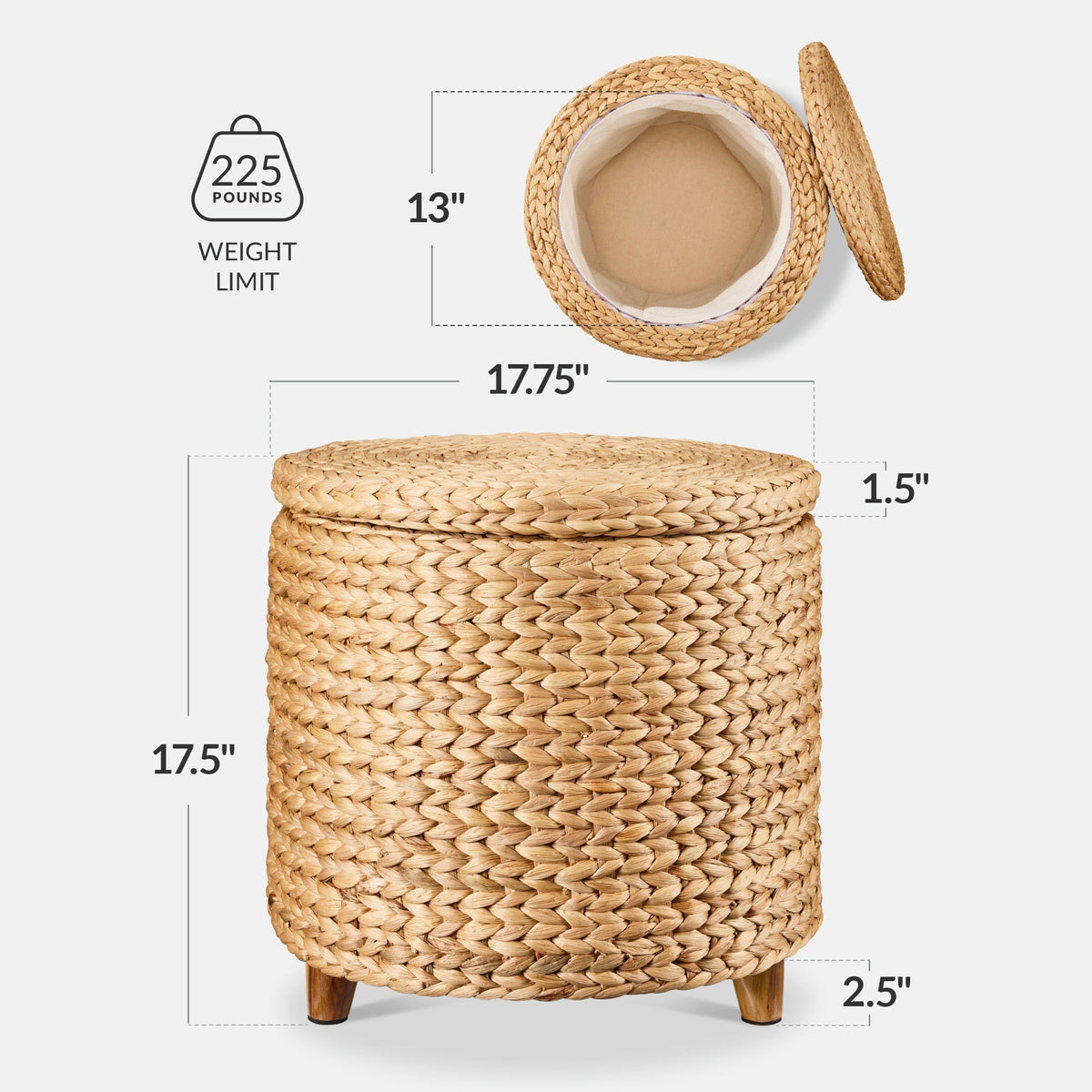 17" Round Storage Ottoman with Lid, Handwoven Water Hyacinth Footstool