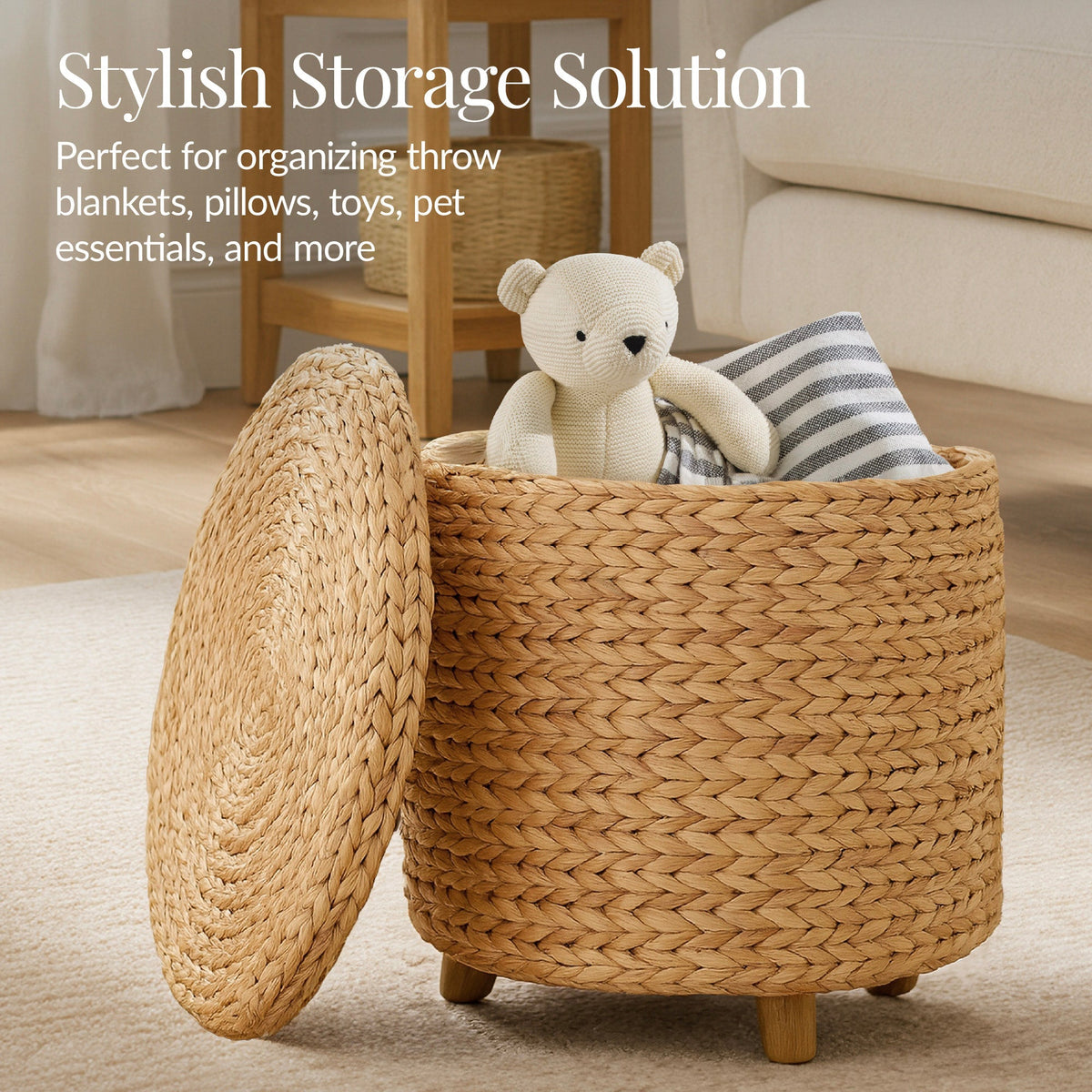 17" Round Storage Ottoman with Lid, Handwoven Water Hyacinth Footstool
