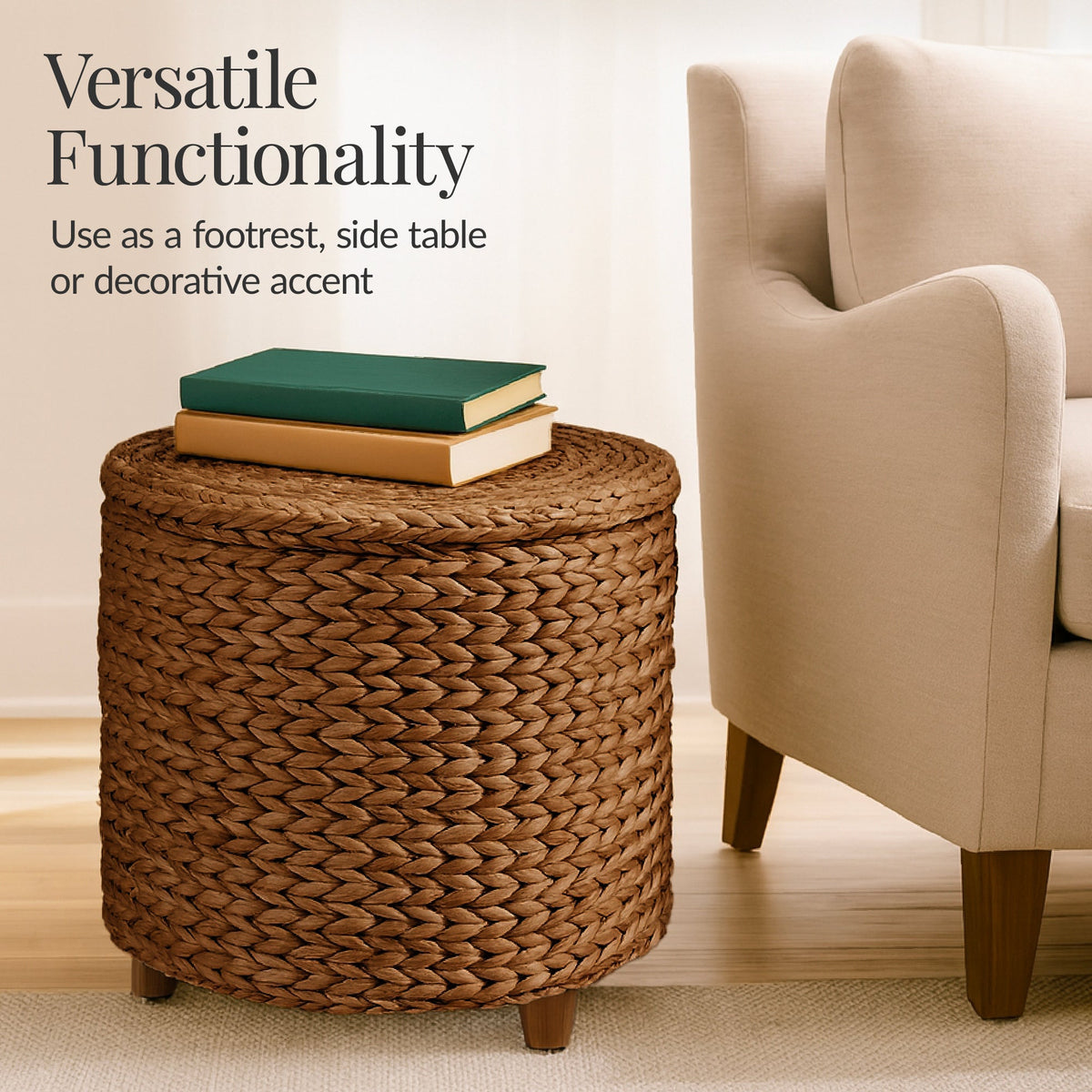 17" Round Storage Ottoman with Lid, Handwoven Water Hyacinth Footstool